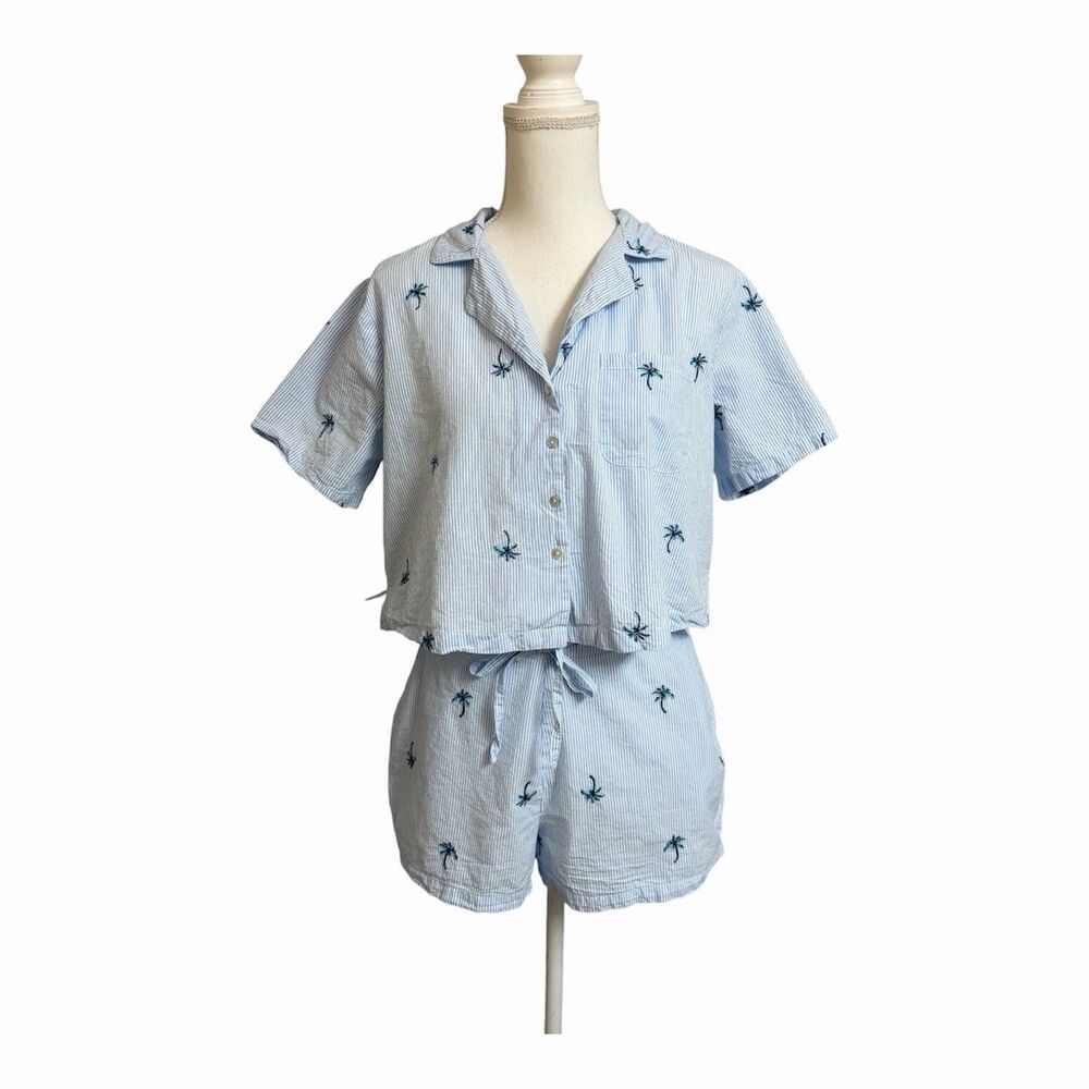 Tommy Bahama Sleepwear Women's M Palm Tree Pajama Set Blue White Stripe Cotton